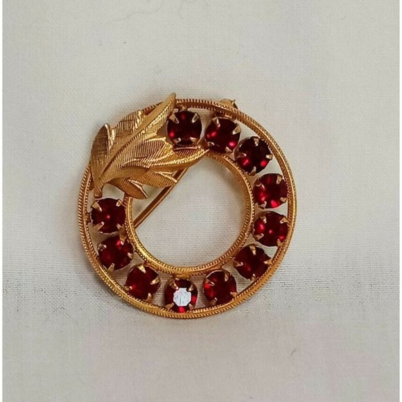 DCE Round Leaves Red Stones Gold Tone 1/20 14 KT GF Vintage Brooch Pin 1" - Picture 9 of 9